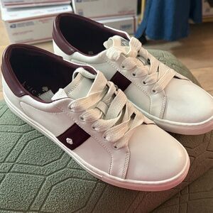 NWOT or box kate spade White Sneakers with Burgundy Heel and Side Stripe .